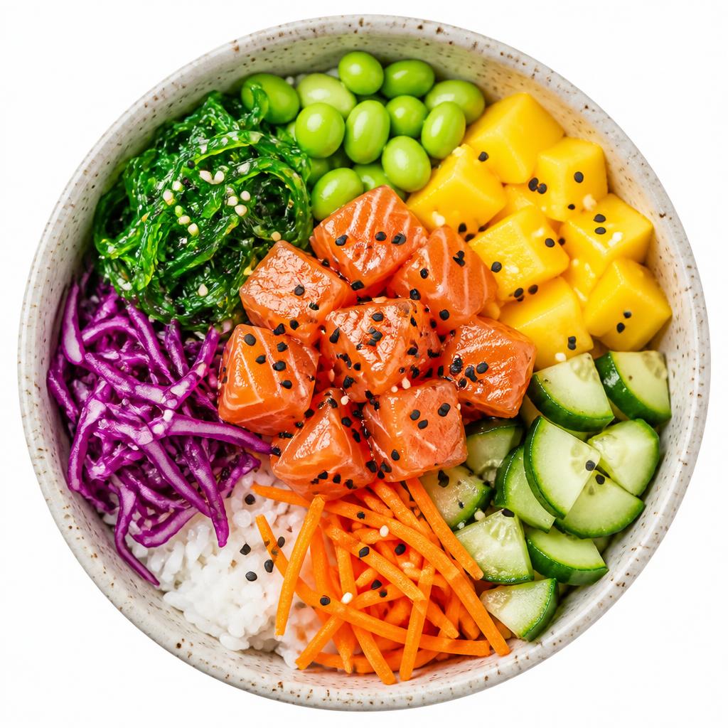 Poke bowl colorido com salmão, manga, edamame, pepino e legumes
